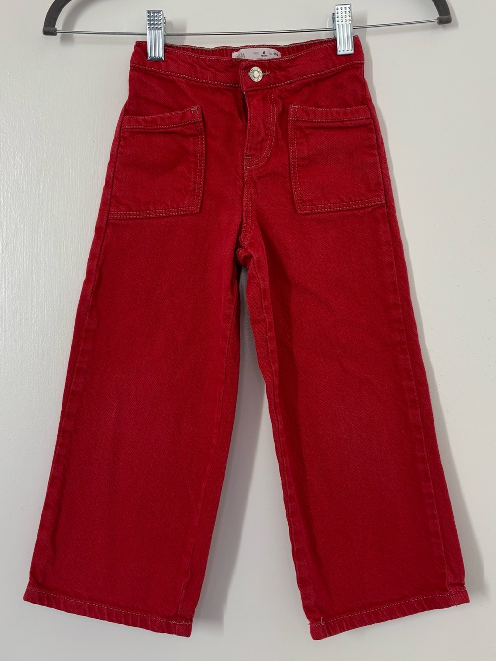 Zara Red Denim Jeans Wide Leg Cropped Girls Size 5-6